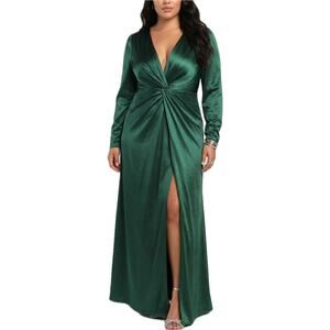 Lulus Jungle Green Long Sleeve Satin Evening Gown Maxi Dress Sz 3X NEW Tags